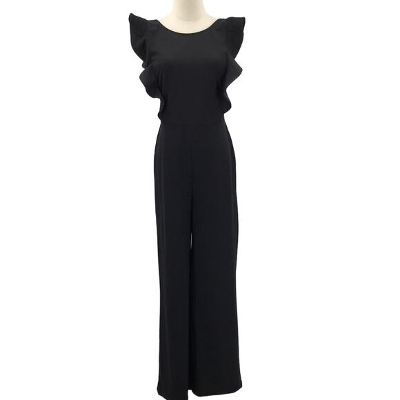 LULU'S SZ M Black Feel Your Love Round Neck Ruffled Wide-Leg Jumpsuit b49 - Picture 3 of 11